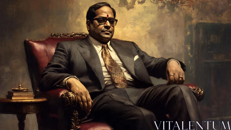 Regal suited gentleman seated in richly lit armchair portrait.