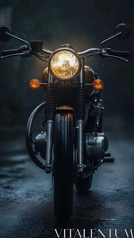 Rain-soaked vintage motorcycle head-on under moody lighting