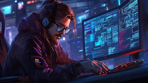 Focused coder monitors neon code streams on ultrawide display