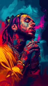 Neon drenched portrait of tattooed man exhaling magenta smoke.
