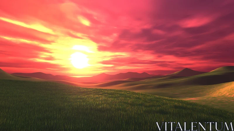 3D rendered grassy dunes under saturated red sunset sky