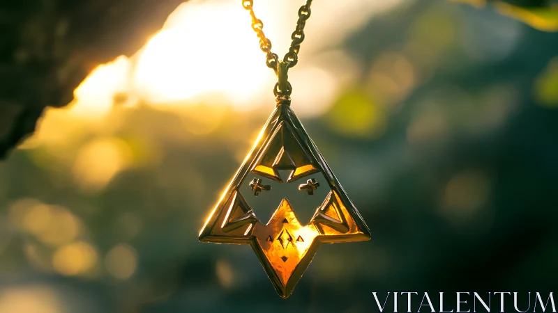Golden geometric pendant catches warm sunset backlight