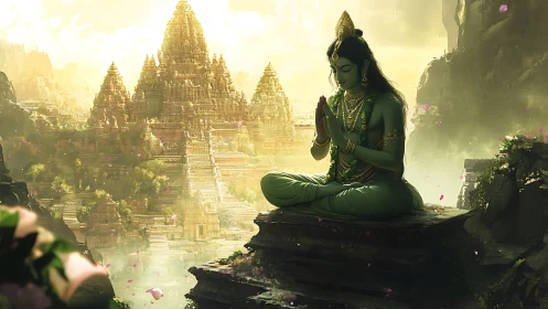 Seated green figure in meditation before layered stone temples.
