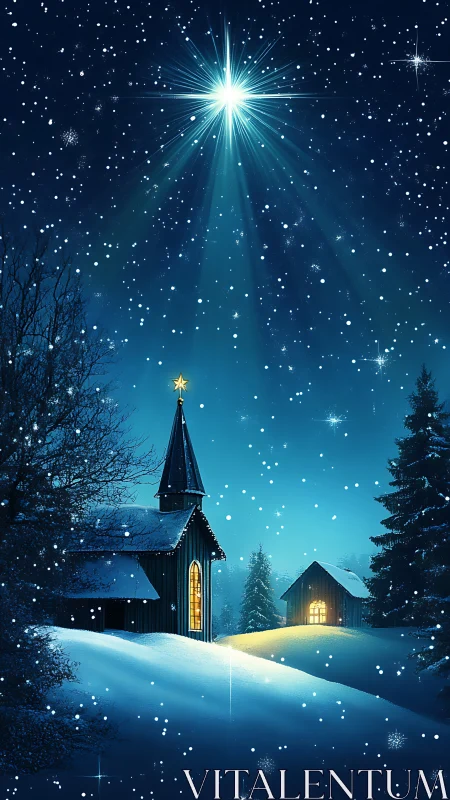 Radiant star illuminates snowy chapel in nocturnal winter landscape