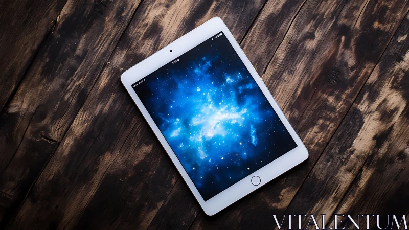 White tablet on wood surface with blue galaxy screen.
