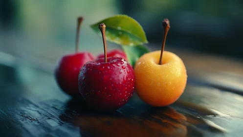 Wet cherries rest on reflective wooden surface outdoors