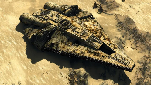 Desert impact site with derelict wedge-shaped starship hull.