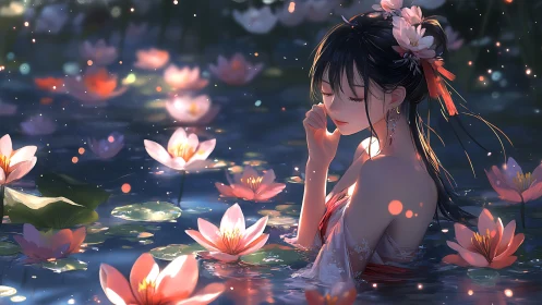 Lotuslit dreamer drifting through twilight water hush.