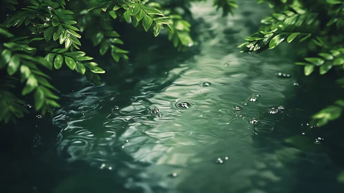 Raindrops disturb a reflective forest pool with macro precision