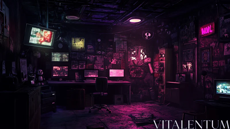 Neon-soaked hacker den with glitching surveillance screens.