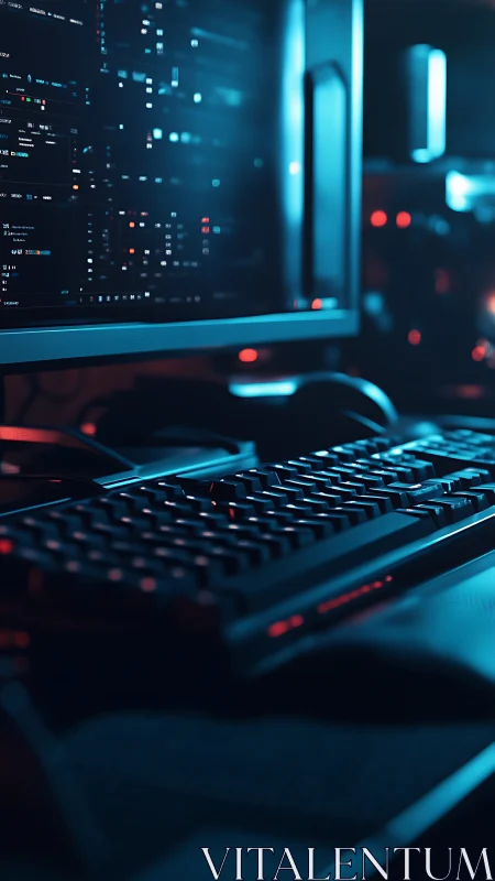 Computer workstation displays code on monitor in low light