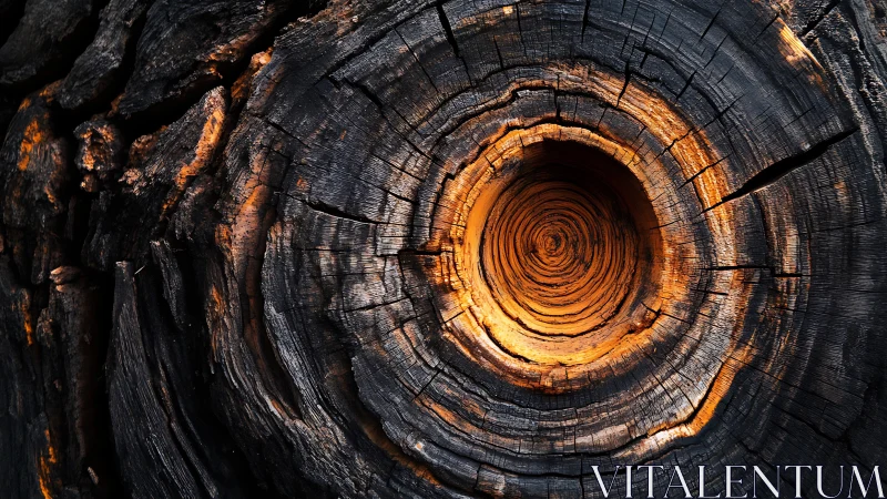 Charred tree cross-section with glowing amber core detail.