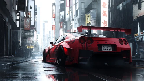 Modified red sports car is parked on wet urban street