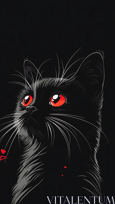 Black Cat with Red Eyes Against Dark Background.