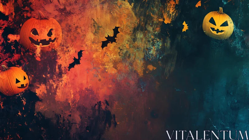 Jack o lantern pumpkins with bats on textured dark background.