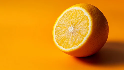 Cross-sectioned citrus half on uniform orange backdrop.