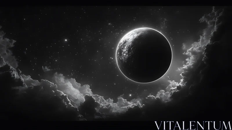 Lunar eclipse silhouette with haloed rim over cloud canopy