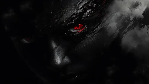 Digital painting of red-eyed shadow figure in stormed chiaroscuro.