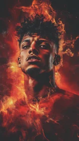 Fiery portrait of a confident man rising through embers.