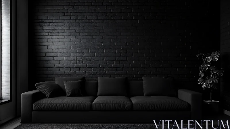 Monochrome minimal sofa against matte black brick wall.