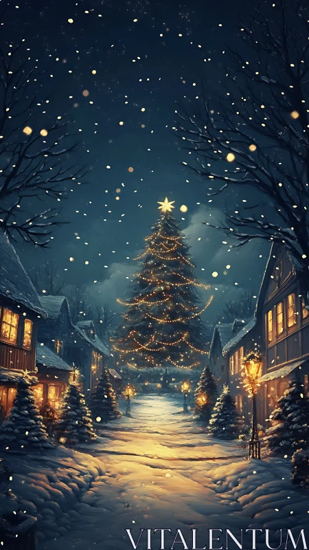 Snowy village street with central illuminated Christmas tree