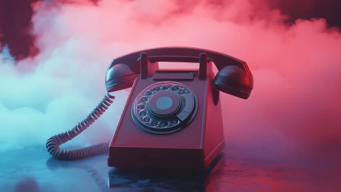 Retro rotary desk telephone in neon foggy studio lighting