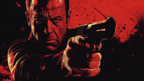 Bold action hero holds a gun in a dramatic red scene