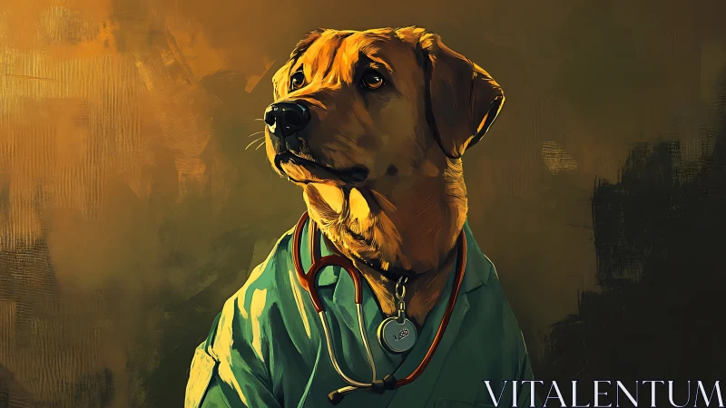 Kind-eyed dog doctor in teal scrubs with stethoscope poised.