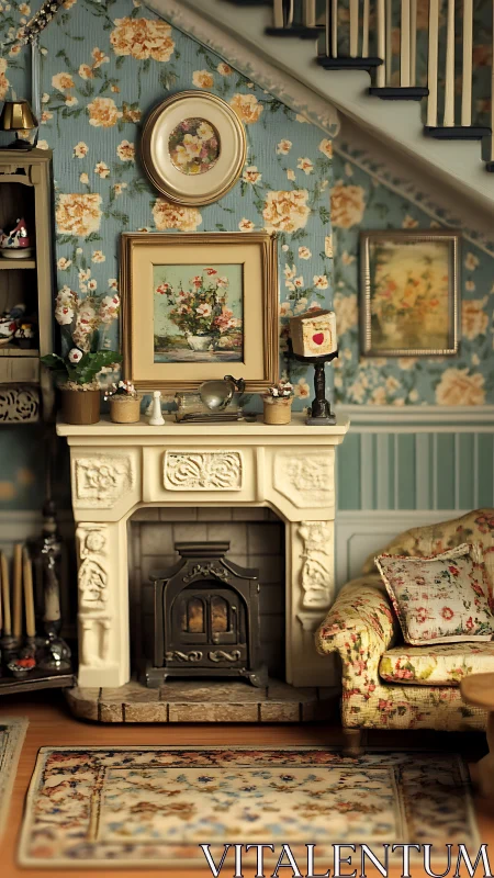 Miniature floral parlor showcases ornate cream fireplace
