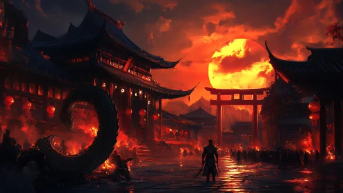 Samurai confronts burning dragon temple under blood sun
