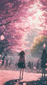 Under swirling cherry blossoms, a quiet first school day.