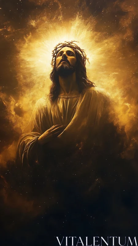 Radiant robed figure crowned in light amid celestial glow.