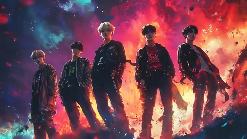 Neon storm idols stride through cosmic fire and stardust.