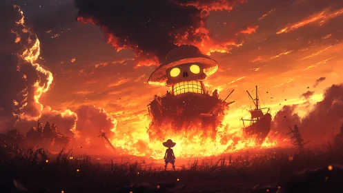 Fiery skull warship dominates burning horizon at dusk.