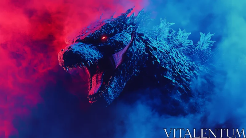 Colossal dragon roar in neon red and cyan vapor clouds.