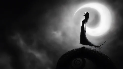 Solitary gothic figure standing beneath a crescent moon.