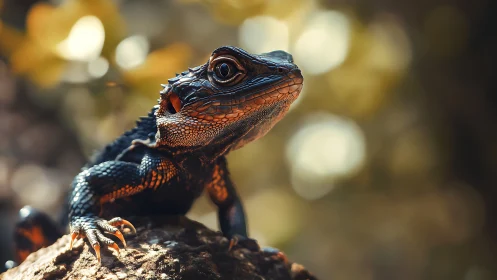 Close-up profile of small lizard on rock in soft light.