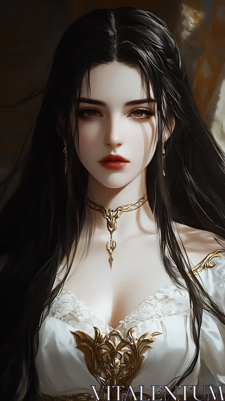 Regal dark haired lady gazes softly in golden finery
