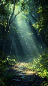 Luminous Forest Passage: Digital Landscape with Light Rays.