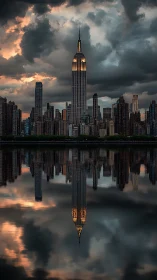 Skyscraper skyline reflects in stormlit river at twilight