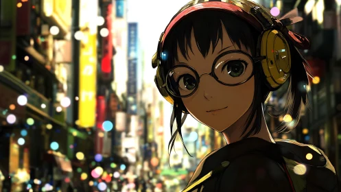 Young headphone wearer stands in stylized illuminated city street