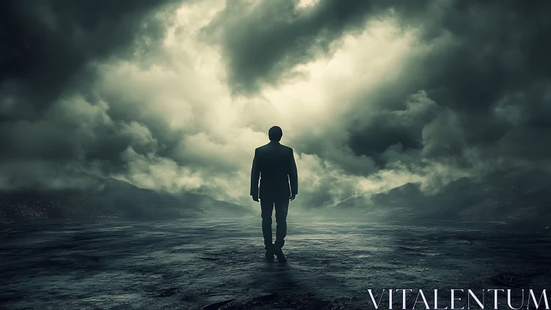 Solitary suited figure in stormlit wasteland under broken clouds