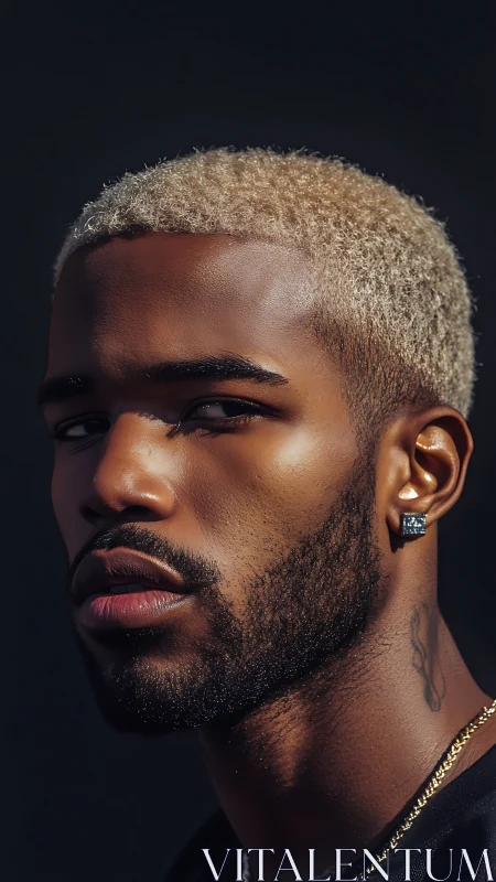 Portrait of man with blond fade hair and sharp lighting.