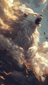 Storm-sculpted white lion erupts from turbulent cloud strata roaring