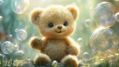 Bubble-kissed teddy bear sparkles in dreamy meadow light.