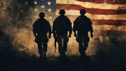 Silhouetted soldiers stride before distressed US flag backdrop.