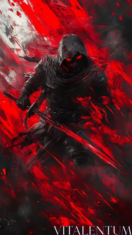 Hooded figure with sword amid red and black abstraction.