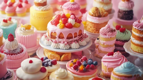 Arranged pastry collection with berries, frosting, and decorative embellishments on pink background