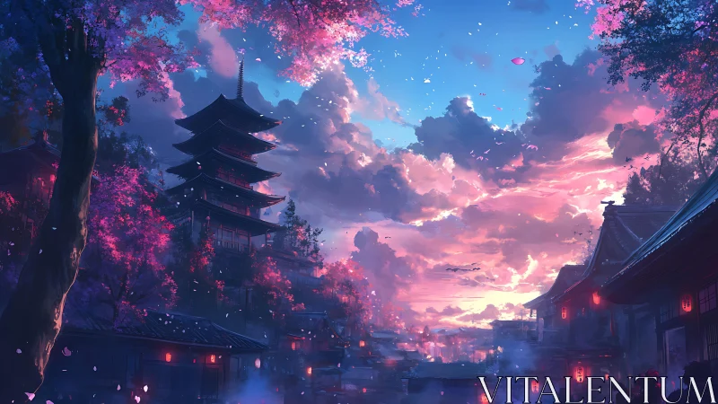 Twilight pagoda listens softly to the lantern-lit cherry breeze