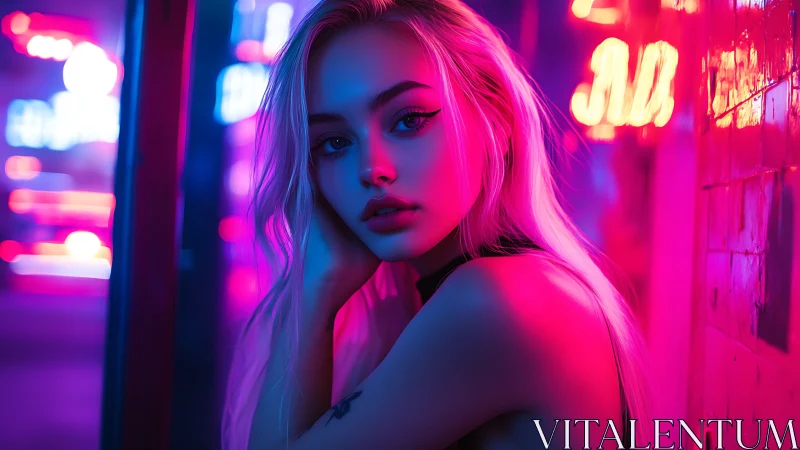 Neon night muse resting in rivers of pink and blue light.